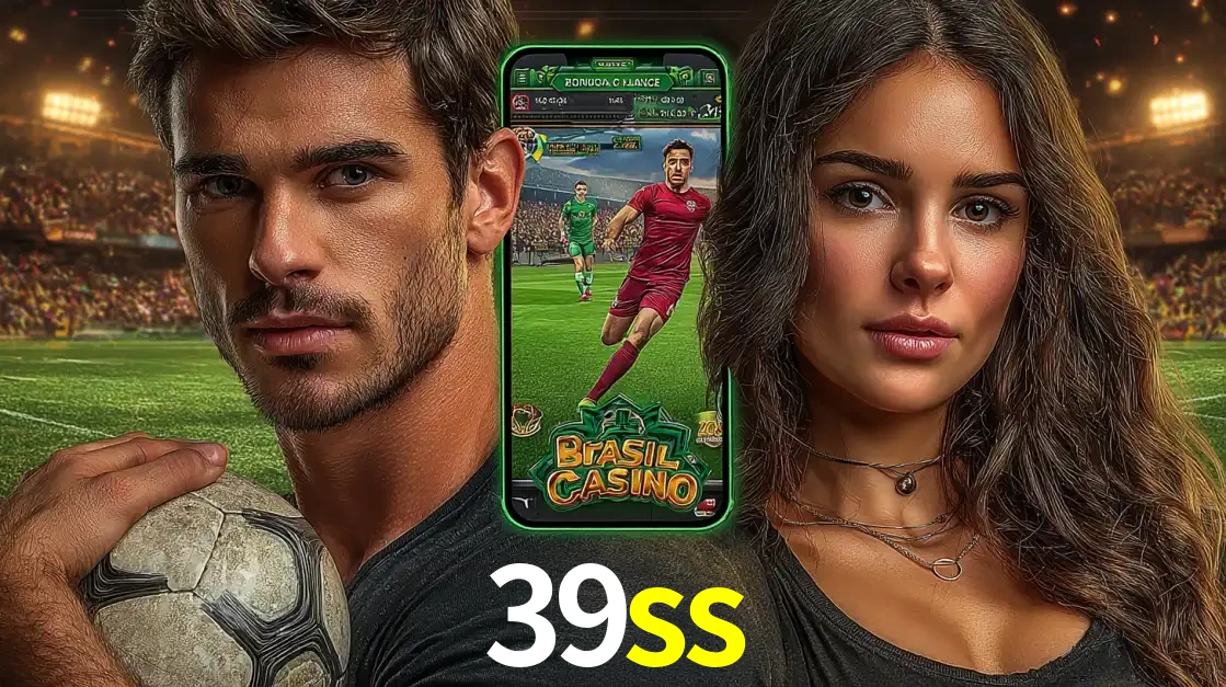Homem segurando uma bola de futebol e uma mulher ao lado de um smartphone exibindo o jogo de apostas esportivas da 39ss. Faça seu palpite no cassino online.