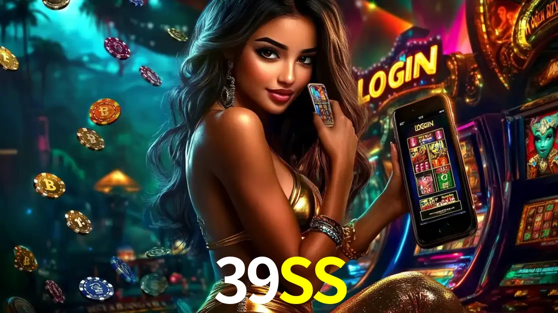 Mulher em um cenário de cassino temático de aventura, mostrando o app de caça-níqueis da 39SS no celular. Fichas de apostas flutuam ao redor.