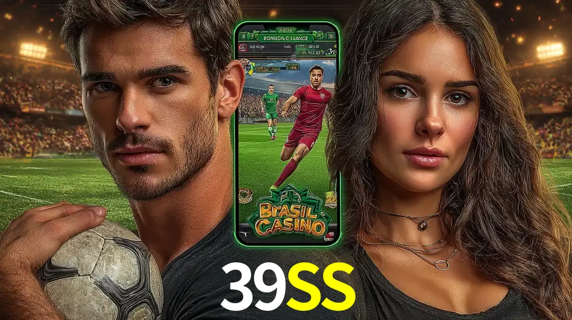 Homem segurando uma bola de futebol e uma mulher ao lado de um smartphone exibindo o jogo de apostas esportivas da 39SS. Faça seu palpite no cassino online.